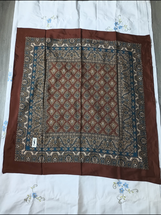 Yves Saint Laurent Accessories - Yves Saint Laurent Brown & Blue  Square 100% Silk Scarf